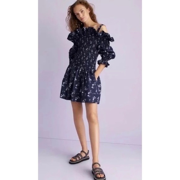 Revolve REBECCA TAYLOR Francine Off Shoulder Dress Floral Smocked Navy Blue 0 - Picture 1 of 16